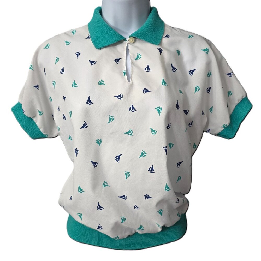 Vintage Nautical Sail Boat Shirt S M Polo Polyester Keyhole Preppy USA 80s Retro